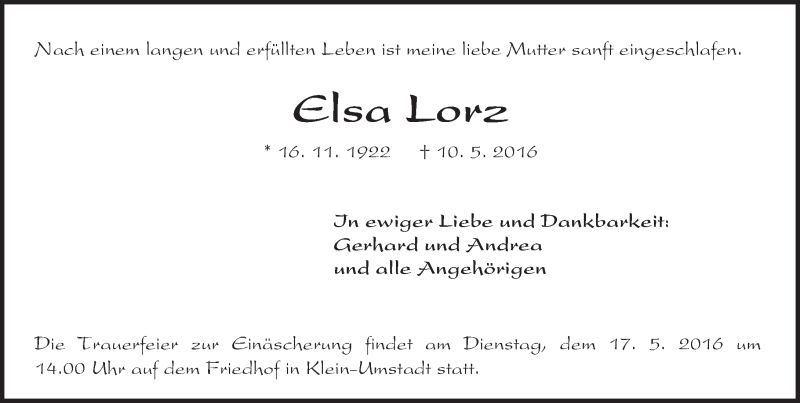  Traueranzeige für Elsa Lorz vom 14.05.2016 aus Trauerportal Echo Online