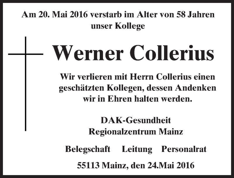  Traueranzeige für Werner Collerius vom 24.05.2016 aus  Allgemeine  Zeitung Ingelheim-Bingen