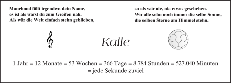  Traueranzeige für Kalle  vom 03.05.2016 aus Trauerportal Echo Online