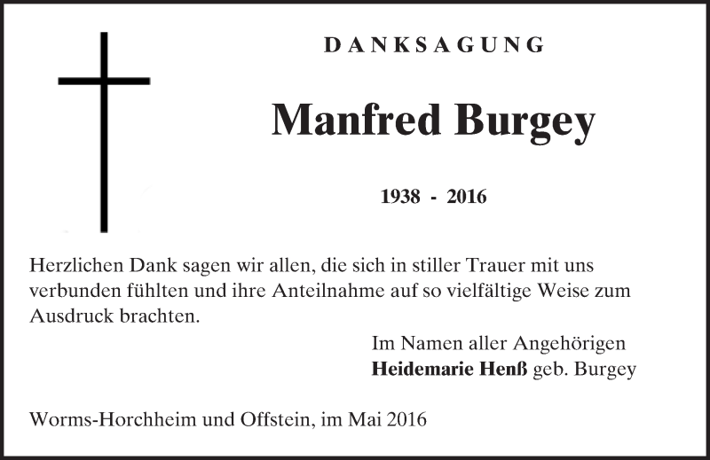  Traueranzeige für Manfred Burgey vom 31.05.2016 aus  Wormser Zeitung