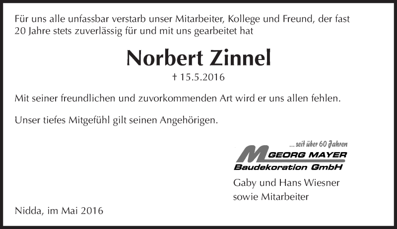  Traueranzeige für Norbert Zinnel vom 21.05.2016 aus  Kreisanzeiger