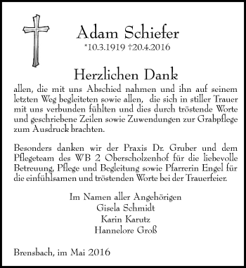 Traueranzeige von Adam Schiefer von Trauerportal Echo Online