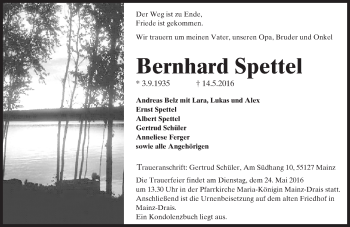 Traueranzeige von Bernhard Spettel von  Allgemeine Zeitung Mainz