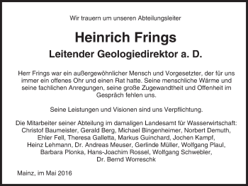 Traueranzeige von Heinrich Frings von  Allgemeine Zeitung Mainz