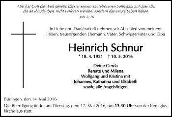 Traueranzeige von Heinrich Schnur von  Kreisanzeiger
