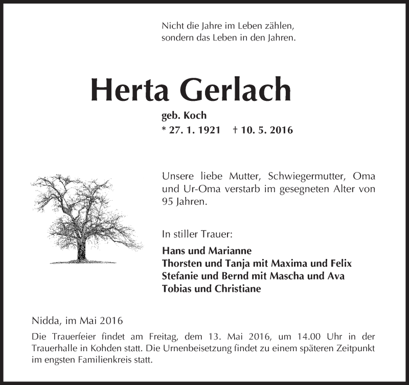  Traueranzeige für Herta Gerlach vom 11.05.2016 aus  Kreisanzeiger