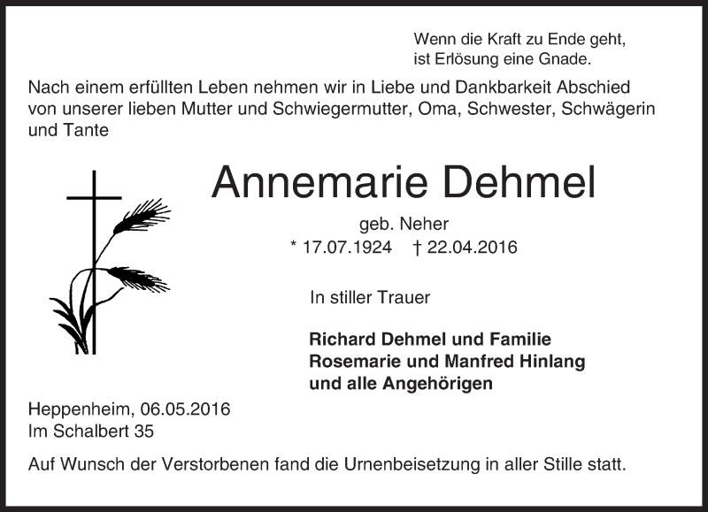  Traueranzeige für Annemarie Dehmel vom 06.05.2016 aus Trauerportal Echo Online