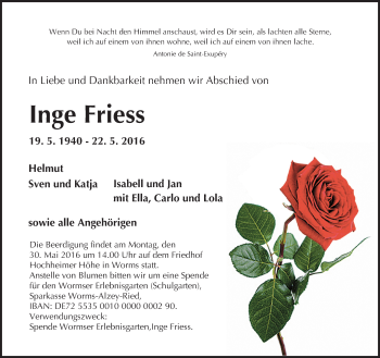 Traueranzeige von Inge Friess von  Wormser Zeitung