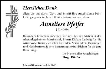 Traueranzeige von Anneliese Pfeifer von  Allgemeine Zeitung Mainz