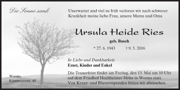 Traueranzeige von Ursula Heide Ries von  Wormser Zeitung