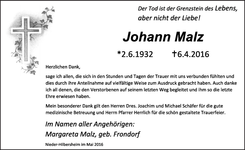 Traueranzeige für Johann Malz vom 14.05.2016 aus  Allgemeine  Zeitung Ingelheim-Bingen
