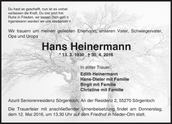 Traueranzeige von Hans Heinermann von  Allgemeine Zeitung Mainz