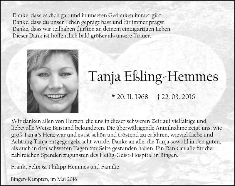  Traueranzeige für Tanja Eßling-Hemmes vom 21.05.2016 aus  Allgemeine  Zeitung Ingelheim-Bingen