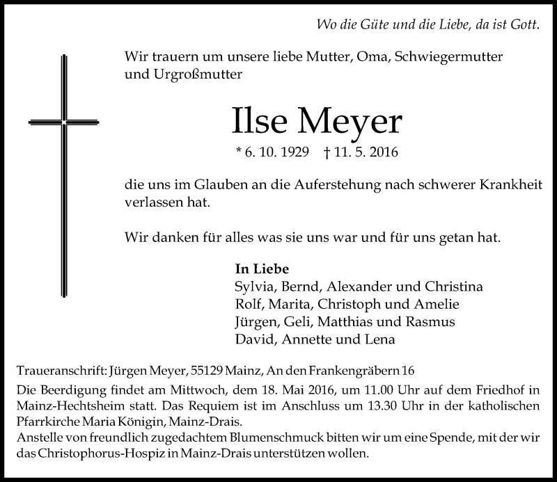  Traueranzeige für Ilse Meyer vom 14.05.2016 aus  Allgemeine Zeitung Mainz