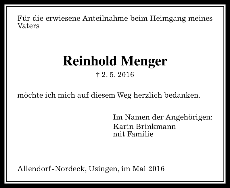  Traueranzeige für Reinhold Menger vom 21.05.2016 aus  Gießener Anzeiger