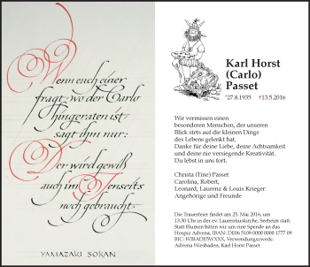 Traueranzeige von Karl Horst Passet von Trauerportal Echo Online