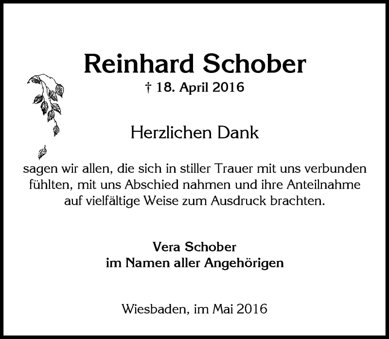  Traueranzeige für Reinhard Schober vom 28.05.2016 aus  Wiesbaden komplett