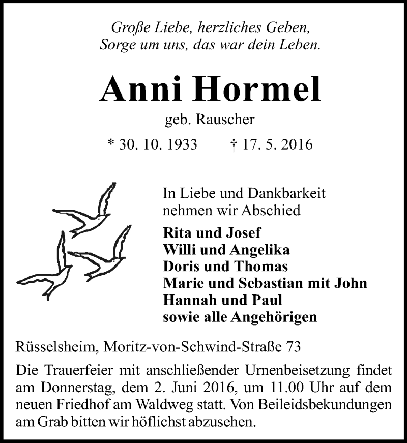  Traueranzeige für Anni Hormel vom 21.05.2016 aus  Mainspitze