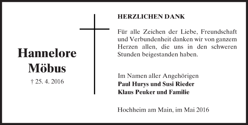  Traueranzeige für Hannelore Möbus vom 20.05.2016 aus  Hochheimer Zeitung