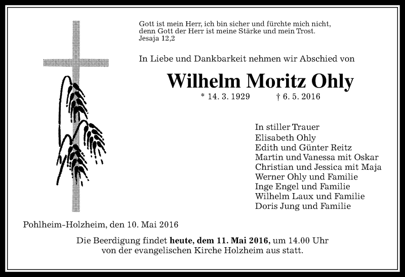  Traueranzeige für Wilhelm Moritz Ohly vom 11.05.2016 aus  Gießener Anzeiger
