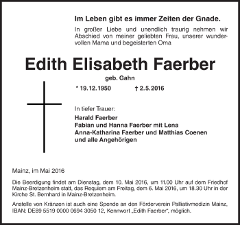 Traueranzeige von Edith Elisabeth Faerber von  Allgemeine Zeitung Mainz