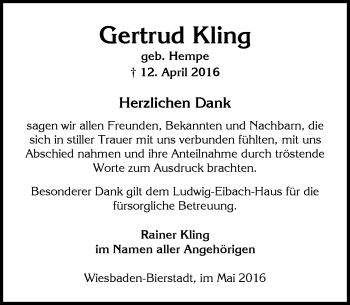 Traueranzeige von Gertrud Kling von  Wiesbaden komplett
