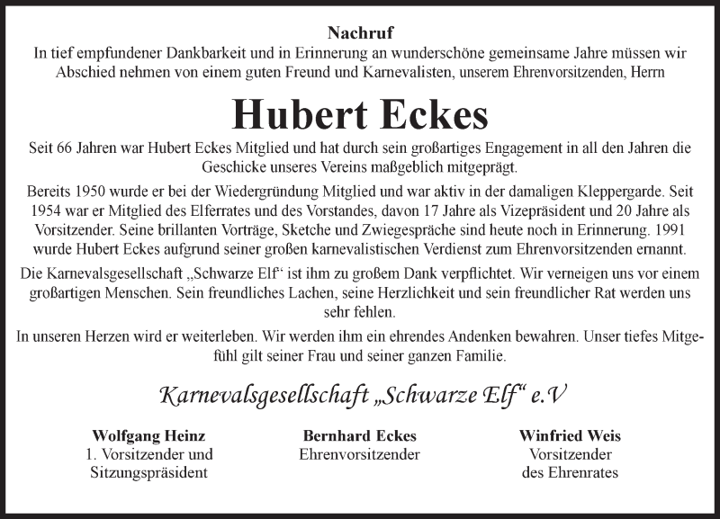  Traueranzeige für Hubert Eckes vom 21.05.2016 aus  Allgemeine  Zeitung Ingelheim-Bingen