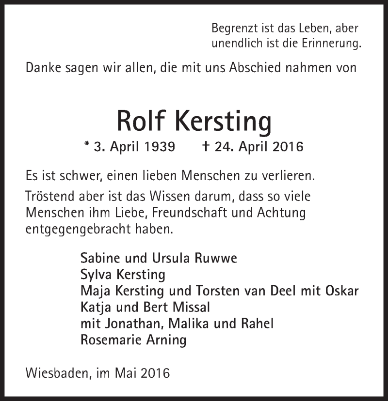  Traueranzeige für Rolf Kersting vom 28.05.2016 aus  Wiesbaden komplett