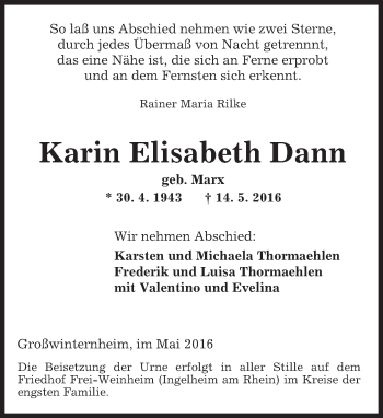 Traueranzeige von Karin Elisabeth Dann von  Allg. Zeitung Bad Kreuznach