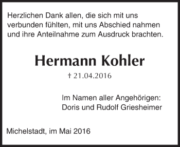 Traueranzeige von Hermann Kohler von Trauerportal Echo Online