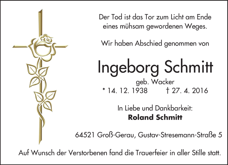  Traueranzeige für Ingeborg Schmitt vom 10.05.2016 aus Trauerportal Echo Online