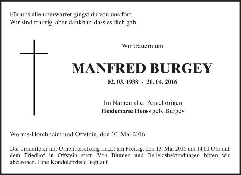  Traueranzeige für Manfred Burgey vom 10.05.2016 aus  Wormser Zeitung