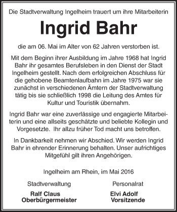 Traueranzeige von Ingrid Bahr von  Allgemeine  Zeitung Ingelheim-Bingen