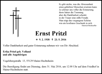 Traueranzeige von Ernst Pritzl von  Allgemeine Zeitung Mainz