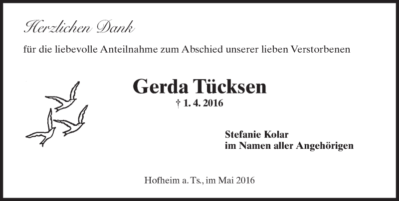  Traueranzeige für Gerda Tücksen vom 06.05.2016 aus  Hofheimer Zeitung
