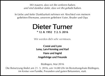 Traueranzeige von Dieter Turner von  Kreisanzeiger