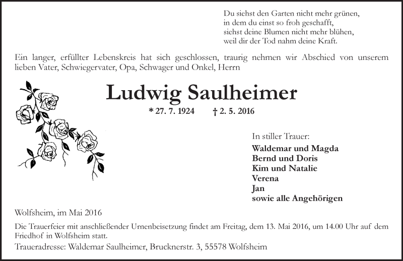  Traueranzeige für Ludwig Saulheimer vom 11.05.2016 aus  Allgemeine  Zeitung Ingelheim-Bingen