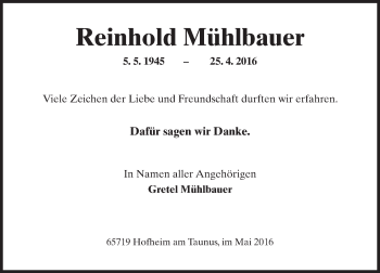 Traueranzeige von Reinhold Mühlbauer von  Hofheimer Zeitung