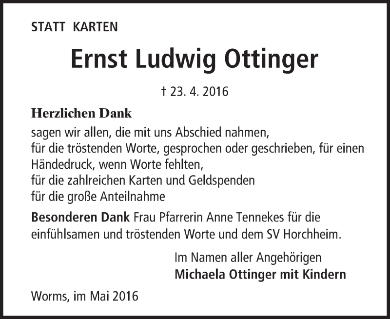  Traueranzeige für Ernst Ludwig Ottinger vom 14.05.2016 aus  Wormser Zeitung