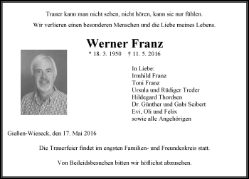 Traueranzeige von Werner Franz von  Gießener Anzeiger