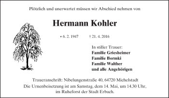 Traueranzeige von Hermann Kohler von Trauerportal Echo Online