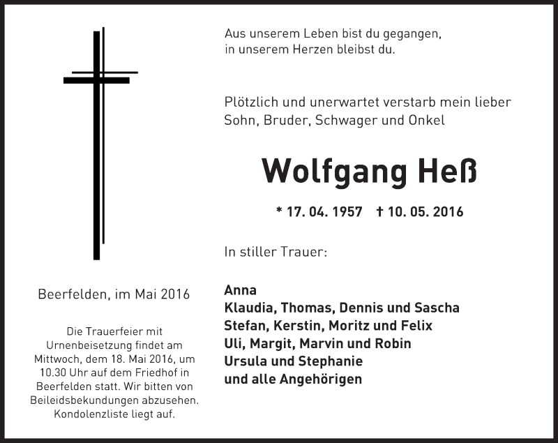  Traueranzeige für Wolfgang Heß vom 14.05.2016 aus Trauerportal Echo Online
