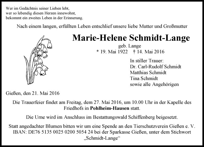  Traueranzeige für Marie-Helene Schmidt-Lange vom 21.05.2016 aus  Gießener Anzeiger