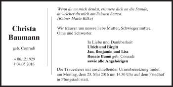 Traueranzeige von Christa Baumann von Trauerportal Echo Online