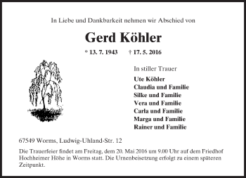 Traueranzeige von Gerd Köhler von  Wormser Zeitung