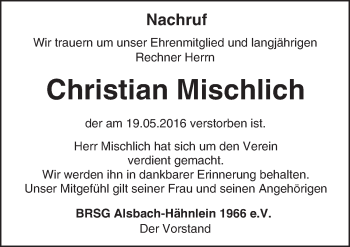 Traueranzeige von Christian Mischlich von Trauerportal Echo Online