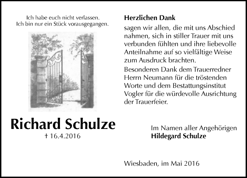  Traueranzeige für Richard Schulze vom 14.05.2016 aus  Wiesbaden komplett