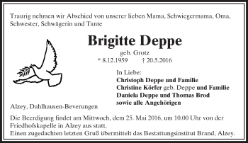 Traueranzeige von Brigitte Deppe von  Allgemeine Zeitung Alzey