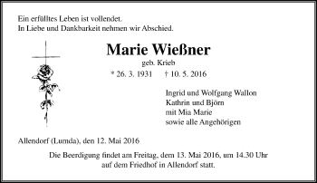 Traueranzeige von Marie Wießner von  Gießener Anzeiger