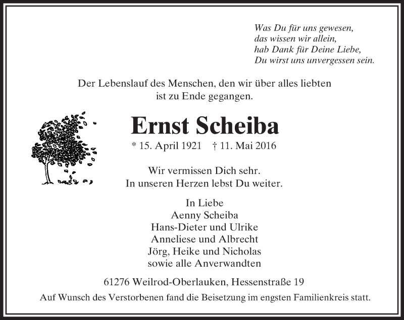  Traueranzeige für Ernst Scheiba vom 27.05.2016 aus  Usinger Anzeiger